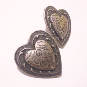Vintage Pewter Tone Embossed Heart Pierced Earrings